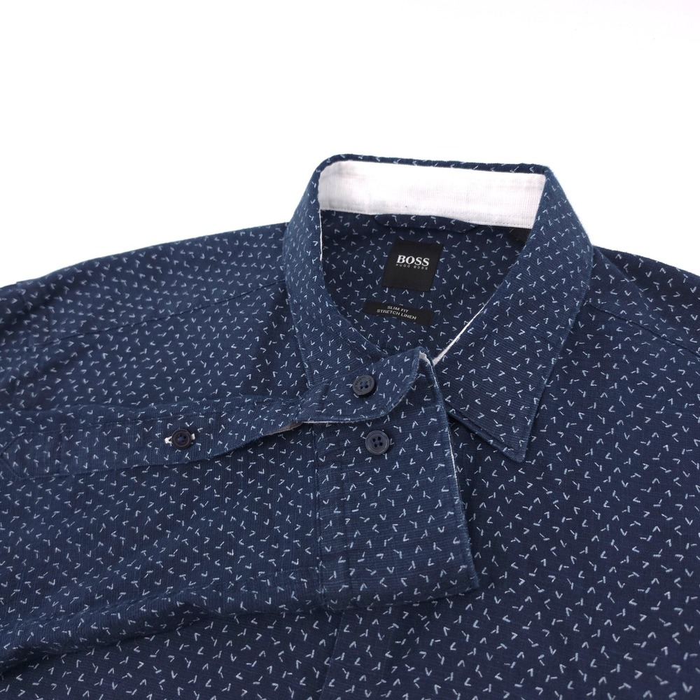 Hugo Boss Mens Shirt Stretch Linen Navy Blue Geometric Large Slim Fit Breathable
